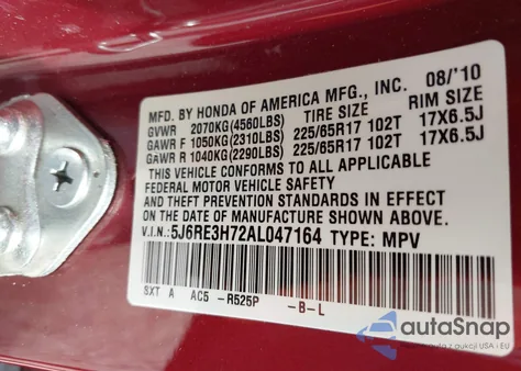 2010 Honda Cr-V Ex-L z USA, uszkodzony, nr VIN 5J6RE3H72AL047164